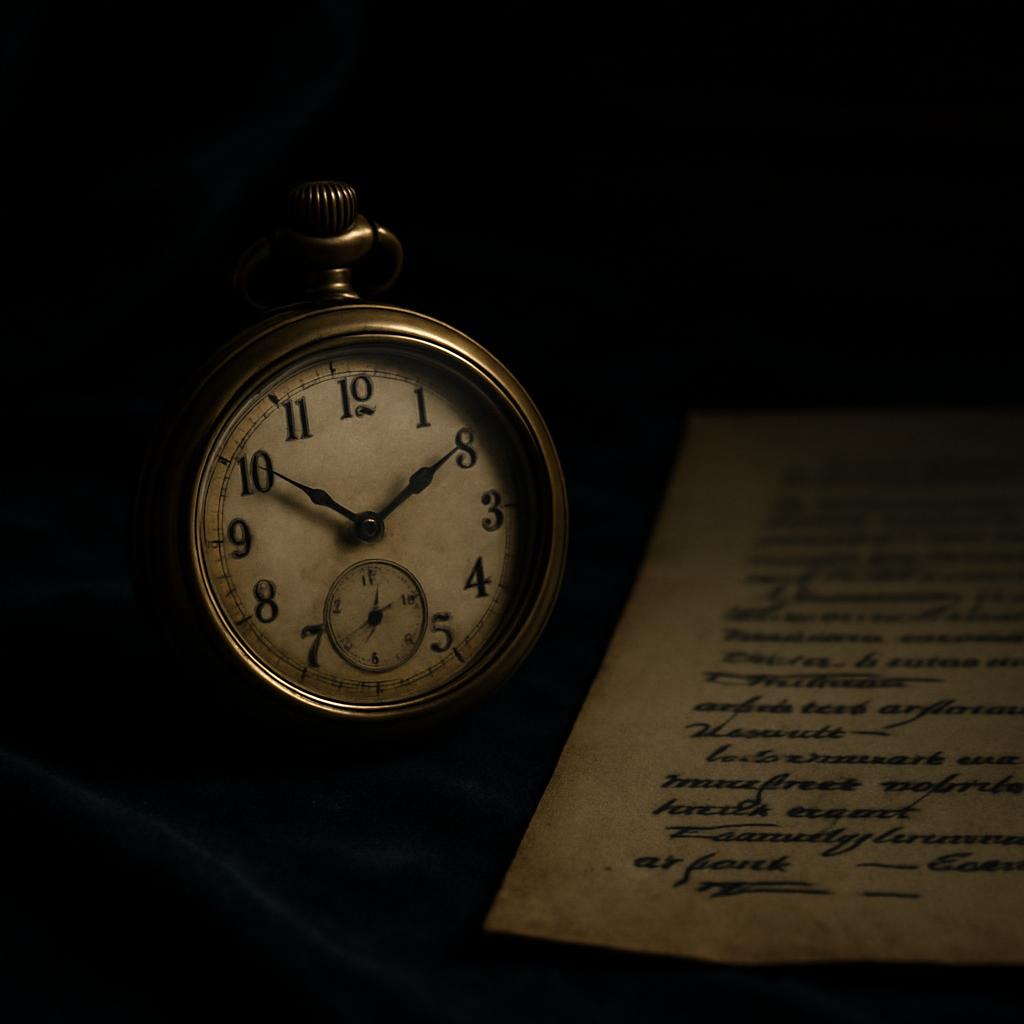 An antique pocket watch on a piece of paper with illegible writing. The watch has a small circular gauge with black hands ...